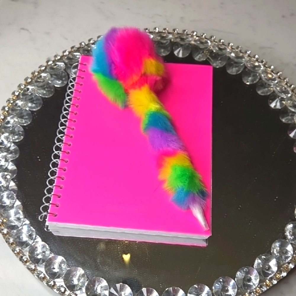 Furry Pen And Neon Pink Notebook